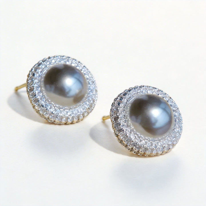 Moonlit Reverie – Handmade Vintage-Style Gray Pearl and Zircon Halo Earrings - Nix