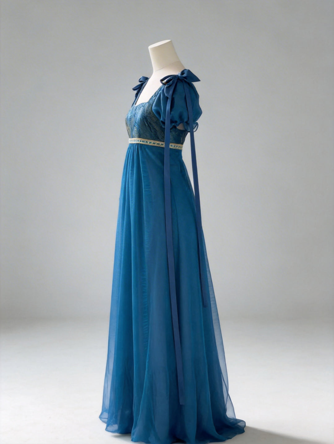 Regency Era Teal Empire Waist Chiffon Dress with Lace Bodice and Puff Sleeves – Bridgerton Inspired Vintage Gown Plus Size