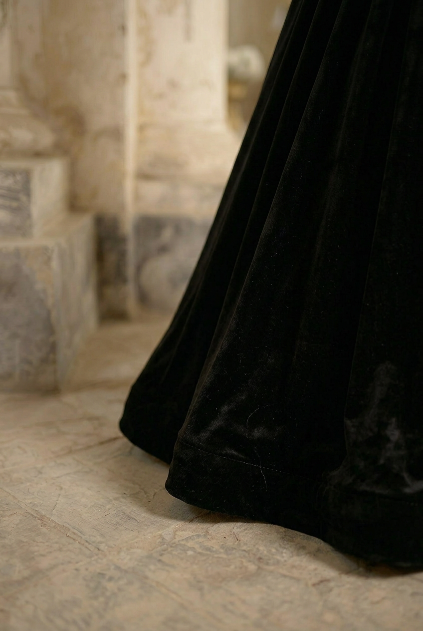Black Velvet Off-Shoulder Gothic Lolita Ball Gown with Vintage Victorian Brooch Plus Size