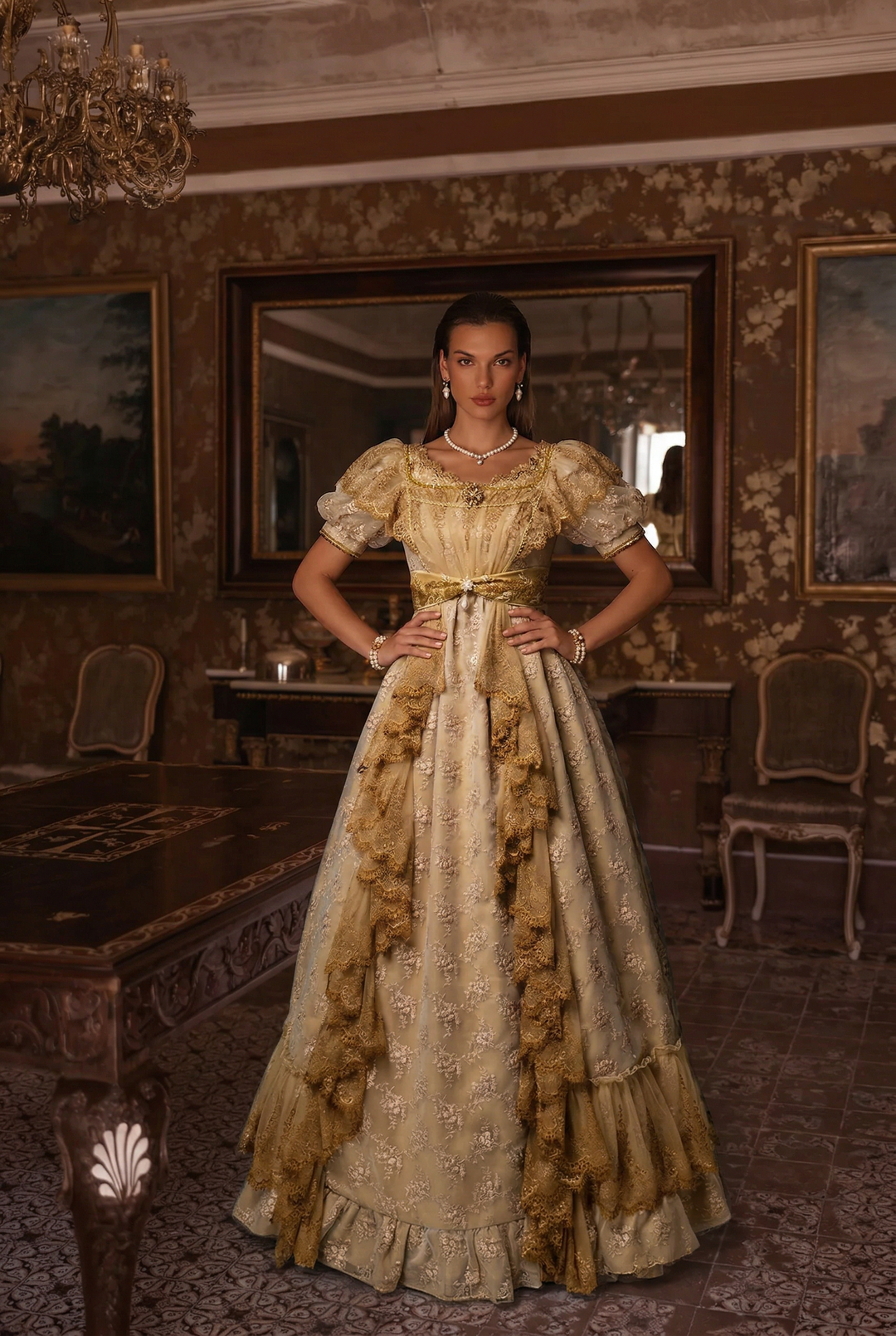 Luxury Empire Waist Gold Ball Gown Regency Era dress with Lace Rose Em WonderlandByLilian Luxury Empire Waist Gold Ball Gown Regency Era dress with Lace Rose Em WonderlandByLilian