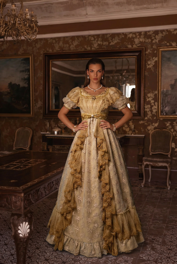 Luxury Empire Waist Gold Ball Gown Regency Era dress with Lace Rose Embroidery - Jane Austin Plus Size