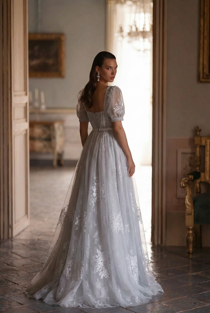 Bridgerton Empire Waist grey ball gown, Regency Era dress with Lace Embroidery,  Jane Austin plus size