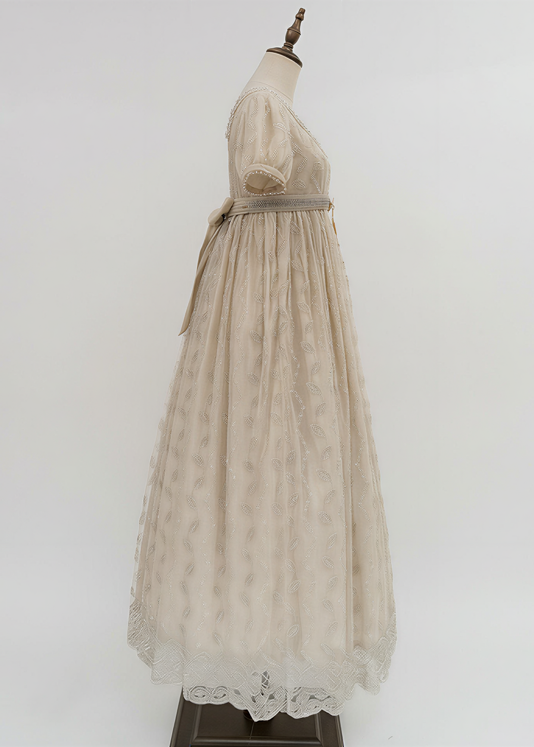 Regency Era Champagne Embroidered Empire Waist Vintage Gown with Puff Sleeves and Beaded Neckline – Bridgerton Inspired Dress Plus Size
