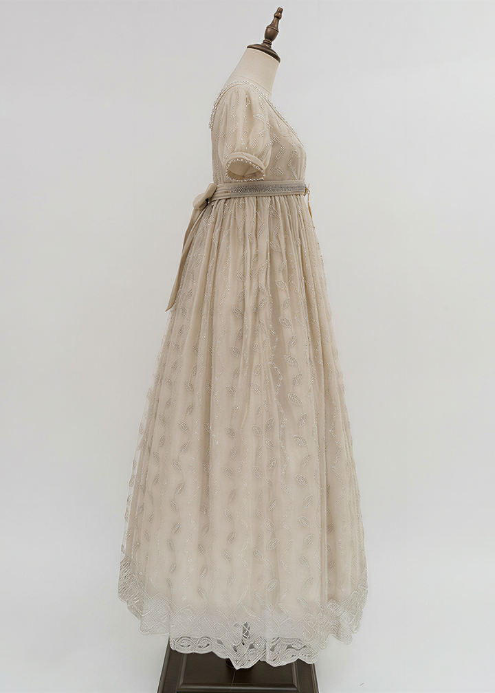 Regency Era Champagne Embroidered Empire Waist Vintage Gown with Puff Sleeves and Beaded Neckline – Bridgerton Inspired Dress Plus Size