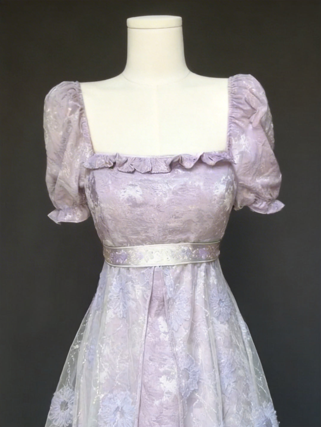 Regency Era Lavender Lace Empire Waist Vintage Gown with Sheer Puff Sleeves and Matching Shawl – Bridgerton Inspired Dress Plus Size