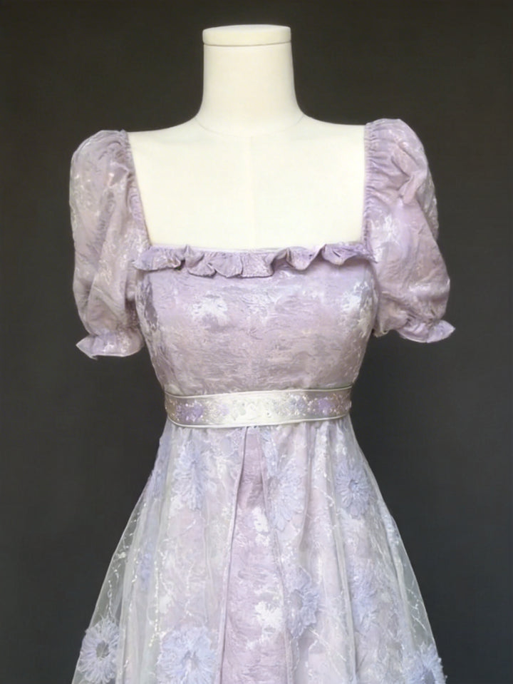 Regency Era Lavender Lace Empire Waist Vintage Gown with Sheer Puff Sleeves and Matching Shawl – Bridgerton Inspired Dress Plus Size