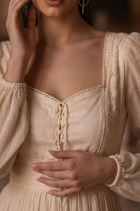 Gunne Sax Inspired Beige Chiffon Prom Dress - Modest Lace Tea Dress - French Style 1980s