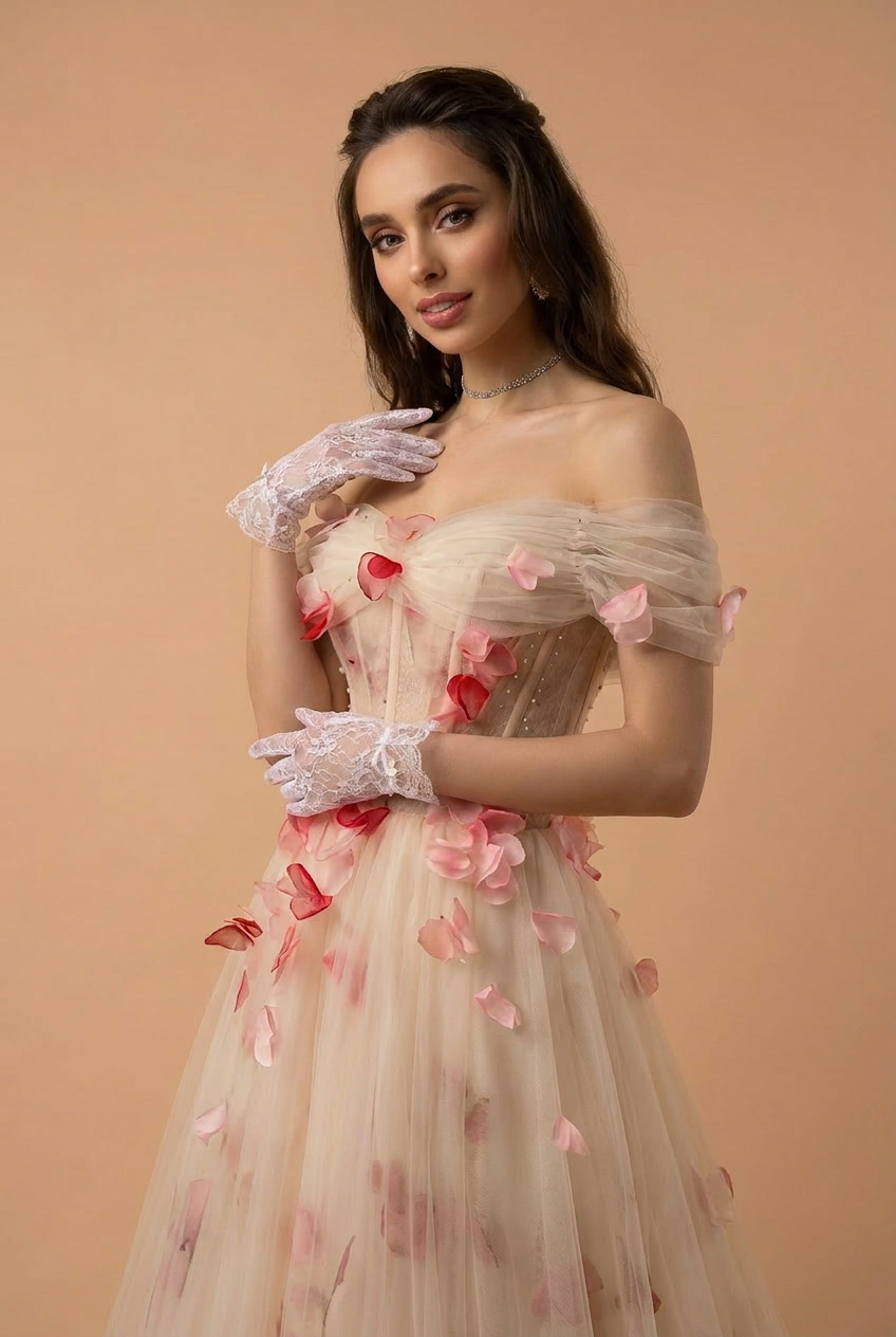 Champagne Glitter Tulle Party Dress with Floral Embellishments - Elegant Corset Back Evening Gown Plus Size