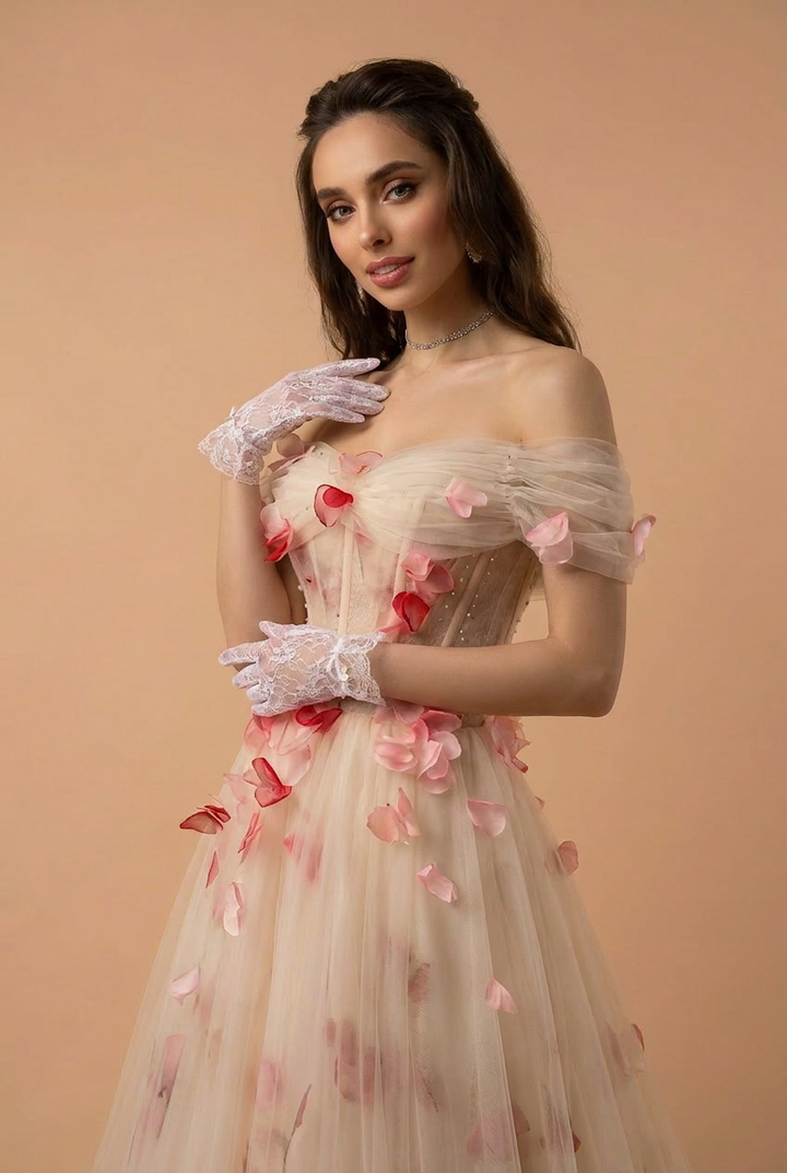 Champagne Glitter Tulle Party Dress with Floral Embellishments - Elegant Corset Back Evening Gown Plus Size