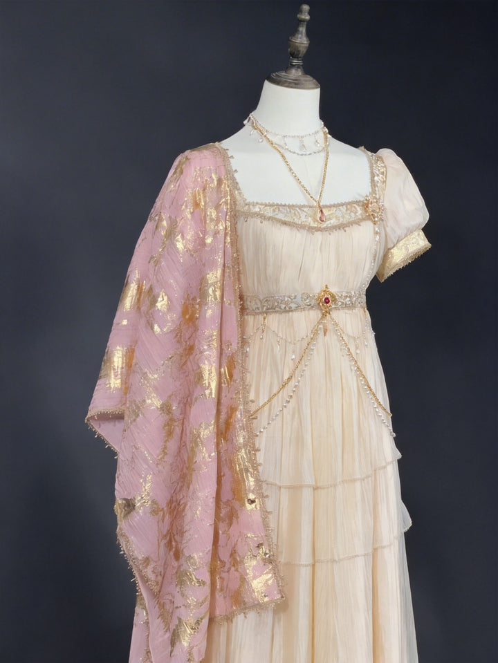 Bridgerton Champagne Vintage Empire Waist Gown with Puff Sleeves and Beaded Bodice – Regency Era Inspired Premium Vintage Gown Plus Size