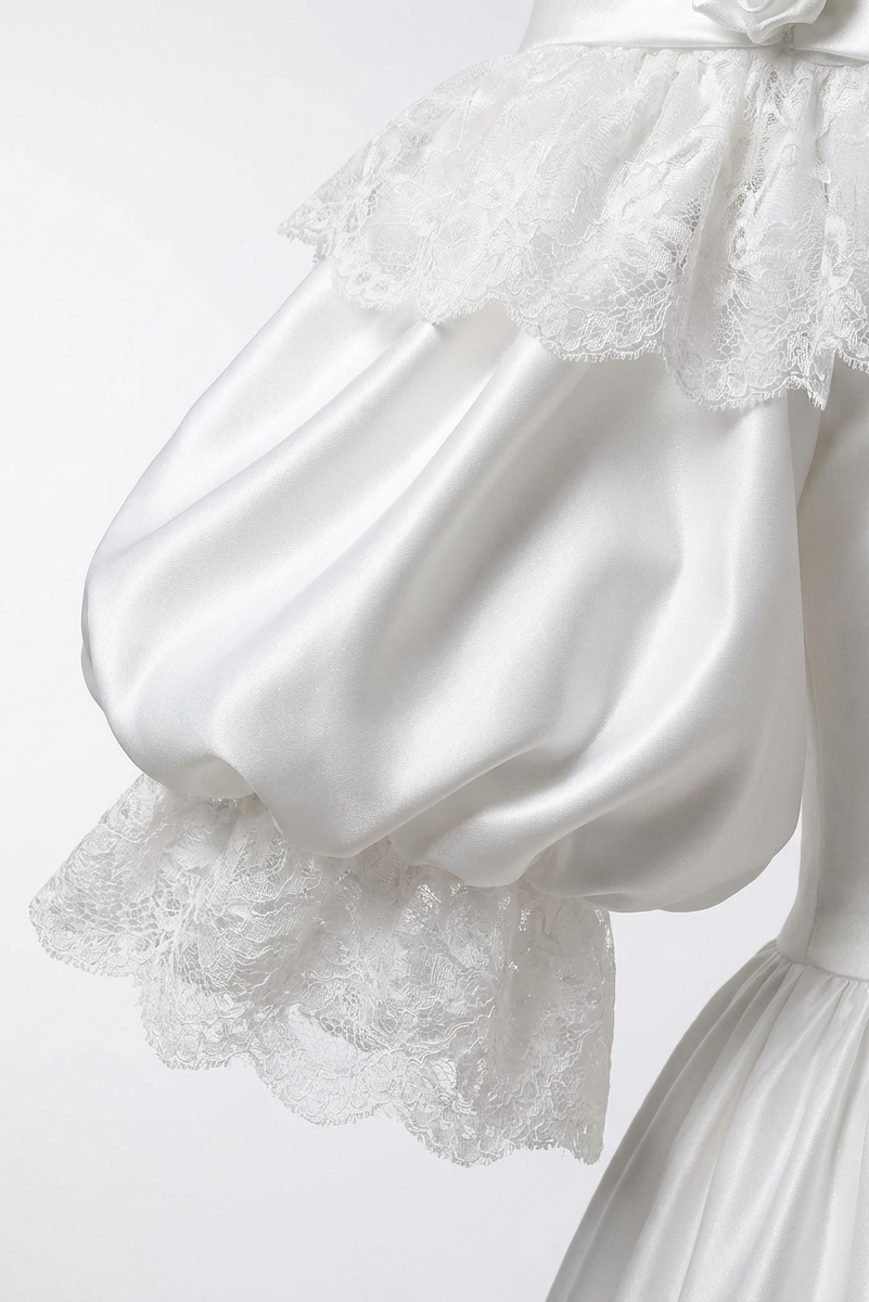 Vintage Off the Shoulder Wedding Dress with Rosette Trim Satin Lace WonderlandByLilian Vintage Off the Shoulder Wedding Dress with Rosette Trim Satin Lace WonderlandByLilian