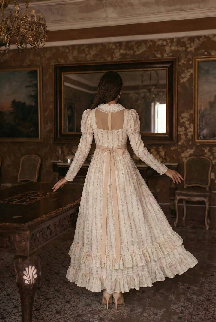 Bridgerton Inspired Regency Era High-necked Beige Striped Dress  - Regency Era Ball Gown Plus Size