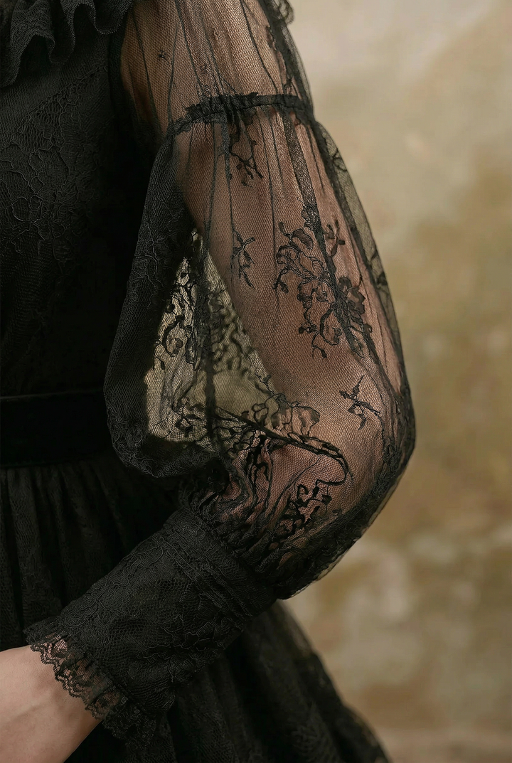 Edwardian Style Gothic Black Long Dress - Victorian Lace Dress Plus Size