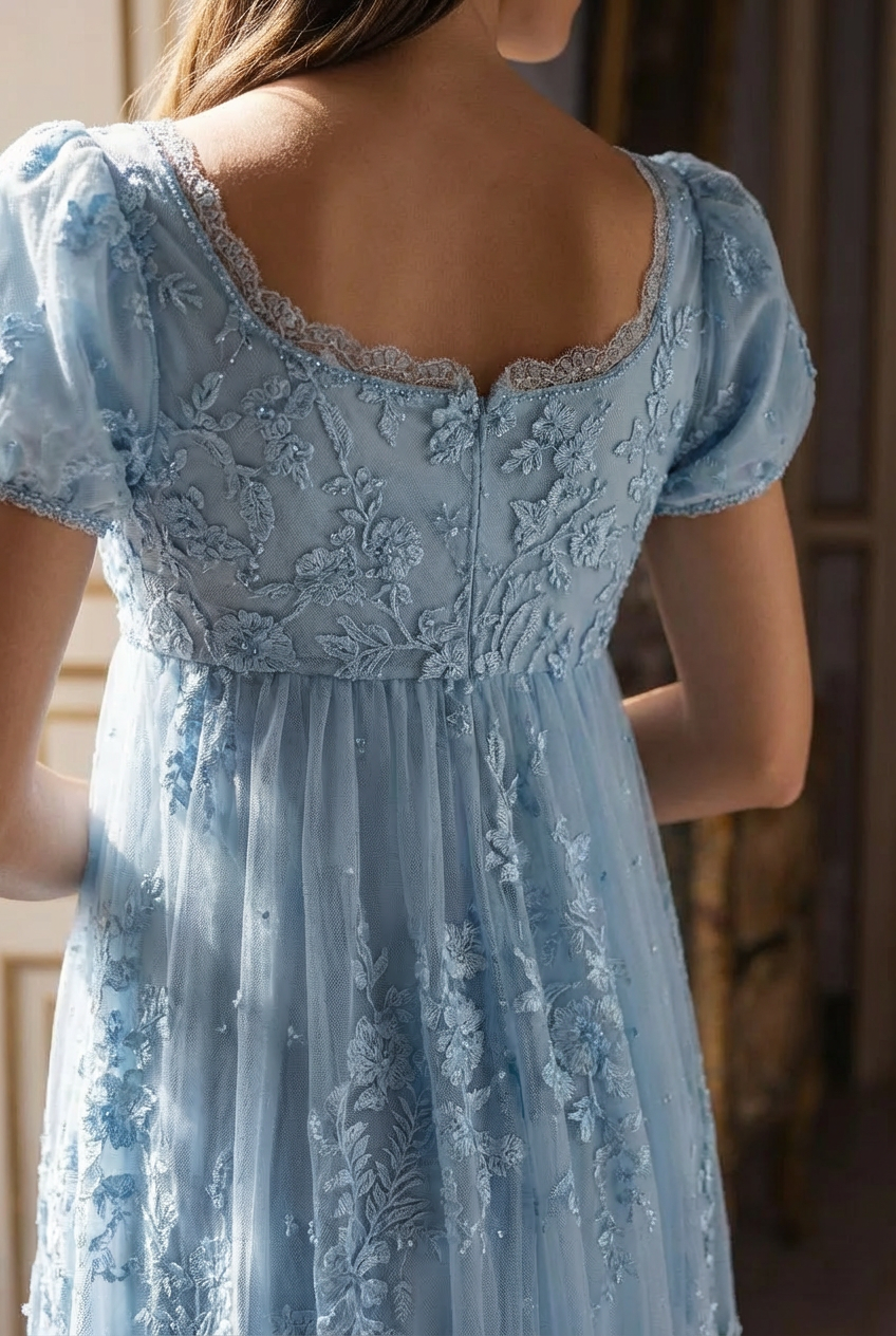 Bridgerton Daphne Blue Pink Lilac Lace Dress With Beading- Regency Era Blue Lace Dress Plus Size