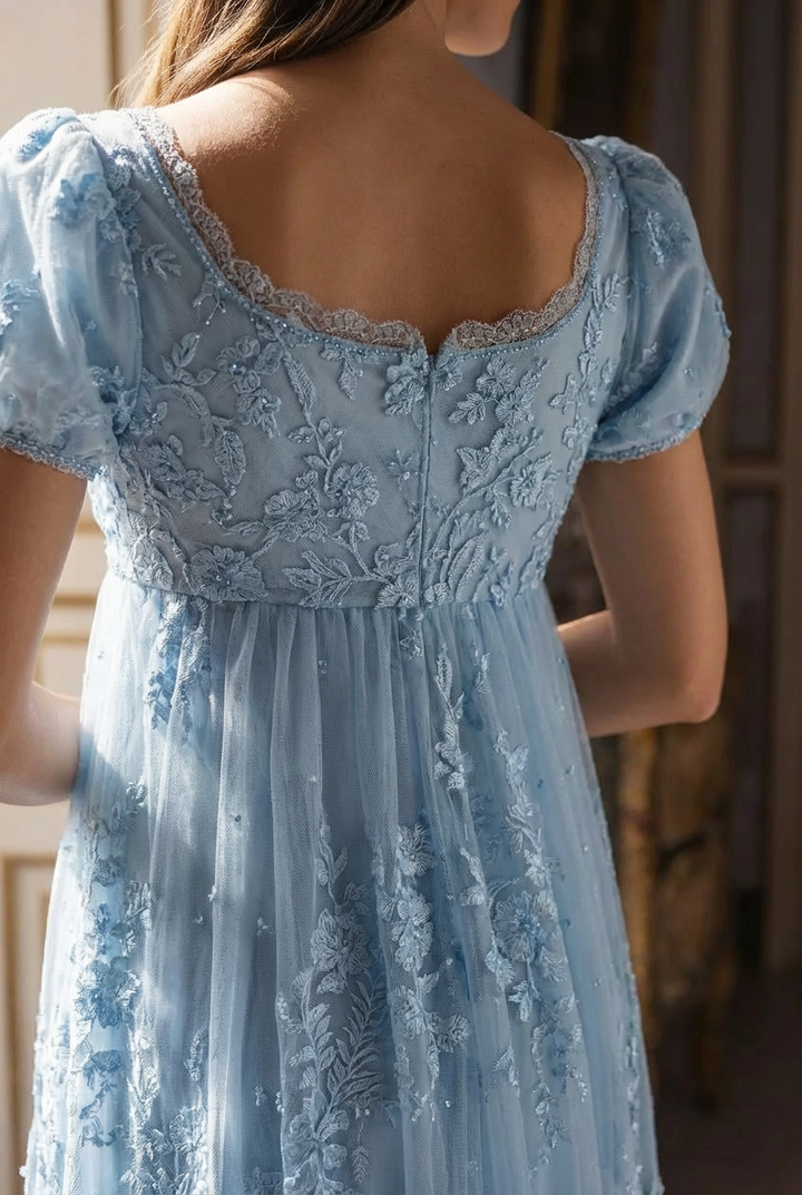 Bridgerton Daphne Blue Pink Lilac Lace Dress With Beading- Regency Era Blue Lace Dress Plus Size