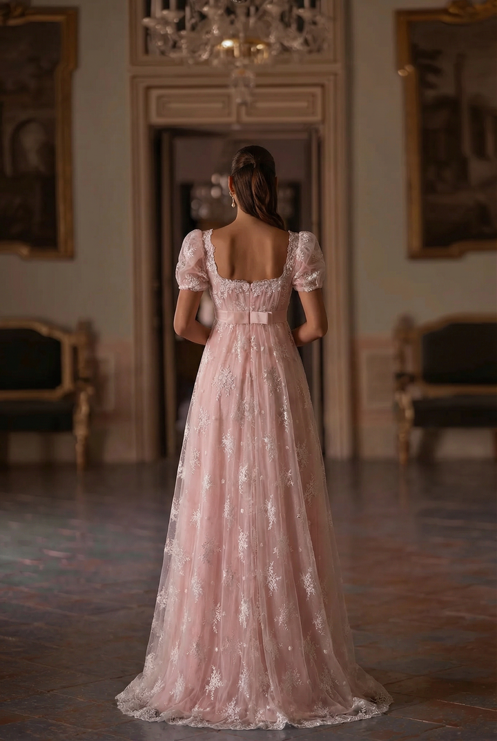 Bridgerton Style Blush Pink Pink Lace Regency Era Ball Gown Wedding Dress Plus Size