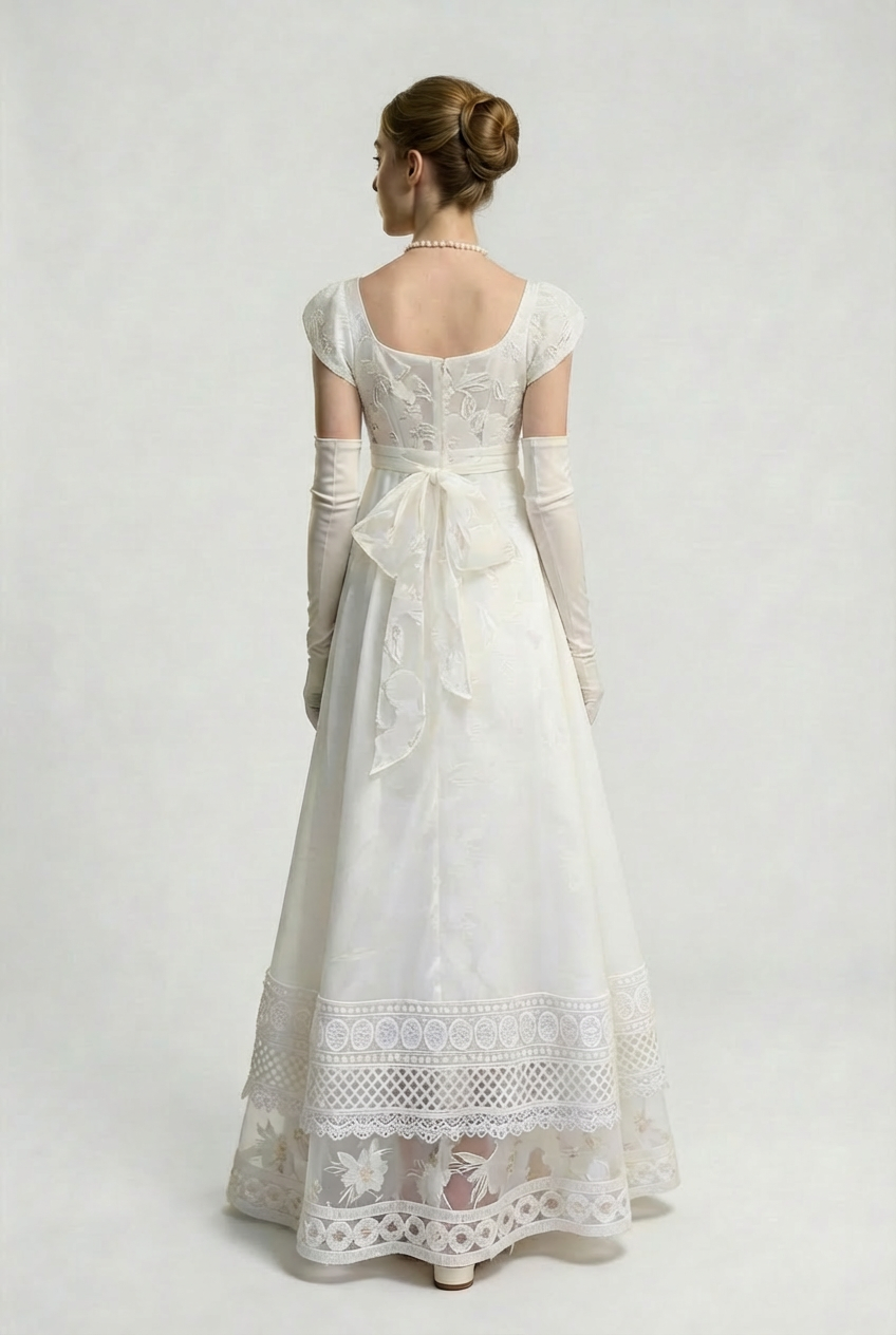 Bridgerton Inspired White Regency Era Dress with Lace - Custom Made Regency Dress with Bow Plus Size