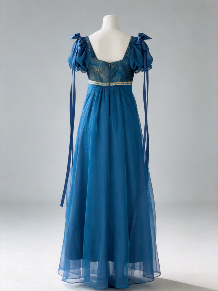 Regency Era Teal Empire Waist Chiffon Dress with Lace Bodice and Puff Sleeves – Bridgerton Inspired Vintage Gown Plus Size