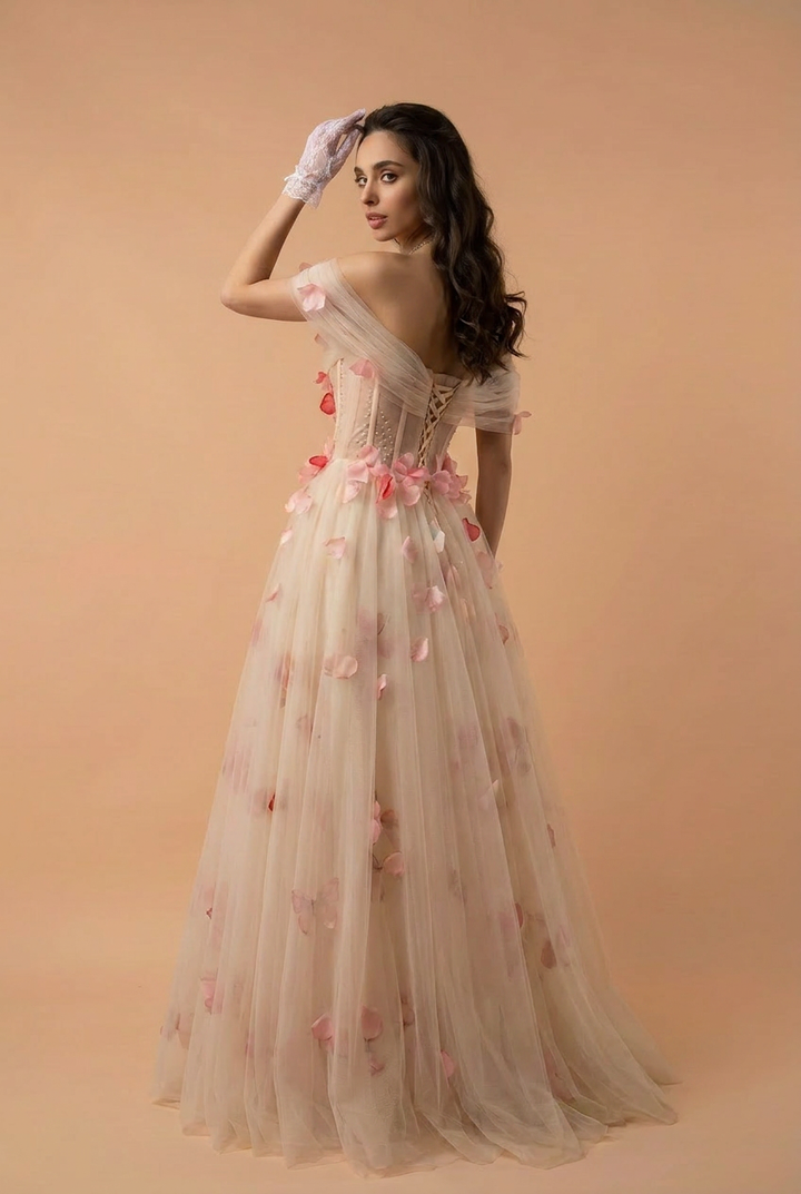Champagne Glitter Tulle Party Dress with Floral Embellishments - Elegant Corset Back Evening Gown Plus Size