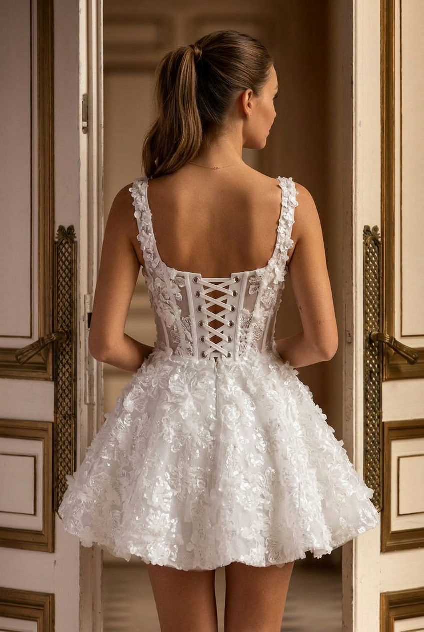 Short Floral Appliqu Wedding Dress with Corset Bodice and Straps Br WonderlandByLilian Short Floral Appliqu Wedding Dress with Corset Bodice and Straps Br WonderlandByLilian