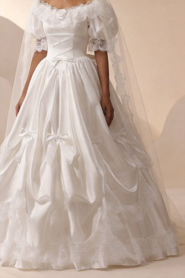 Satin Wedding Dress with Lace and Puff Sleeves – Vintage Wedding Gown with Corset and Large Back Bow Plus Size