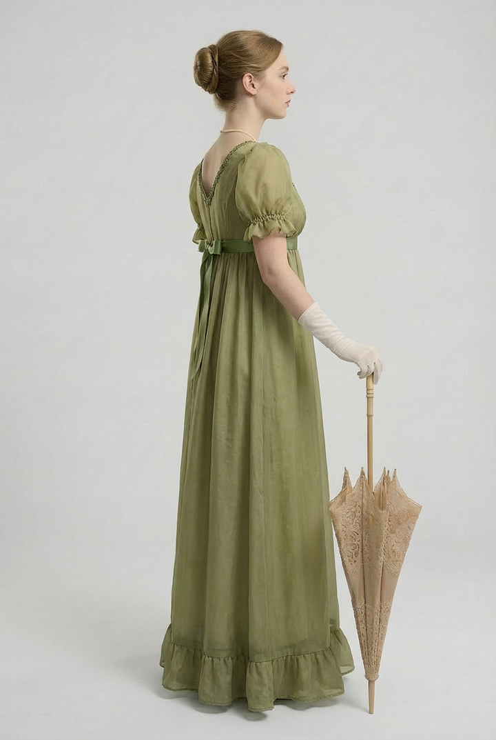 Green Bridgerton Inspired Regency Dress Women - Green Bridgerton Dress with Satin Bow Tie Belt Plus Size