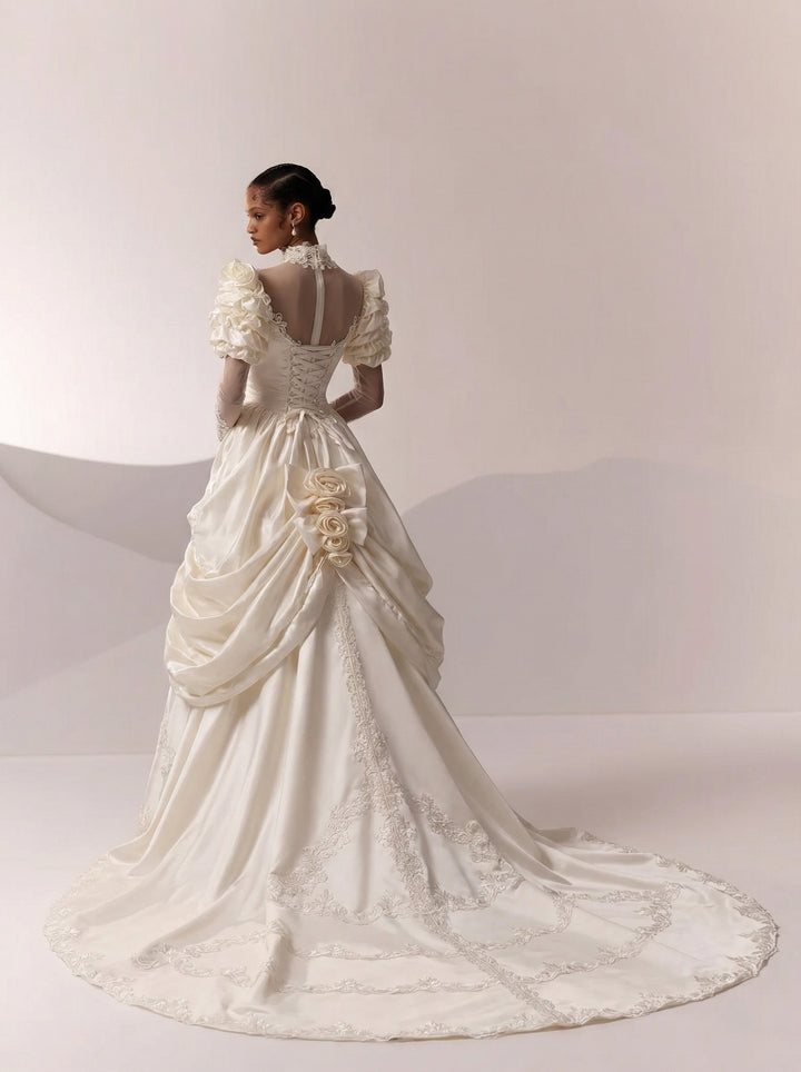 Antique White Modest Wedding Dress With Floral Satin - Vintage Wedding Dress