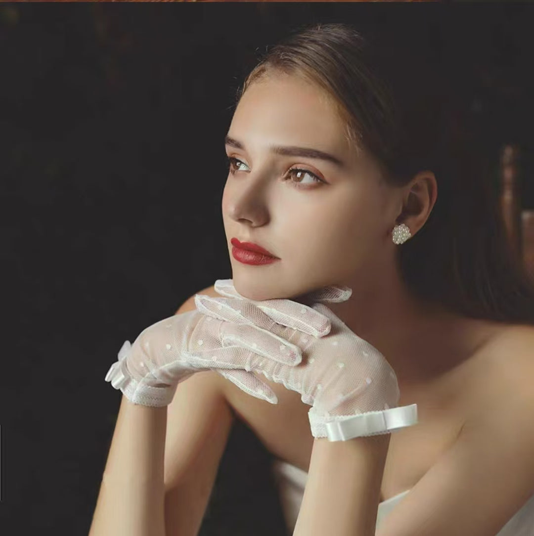 White Polka Dot Mesh Bridal Gloves with Bow Accent