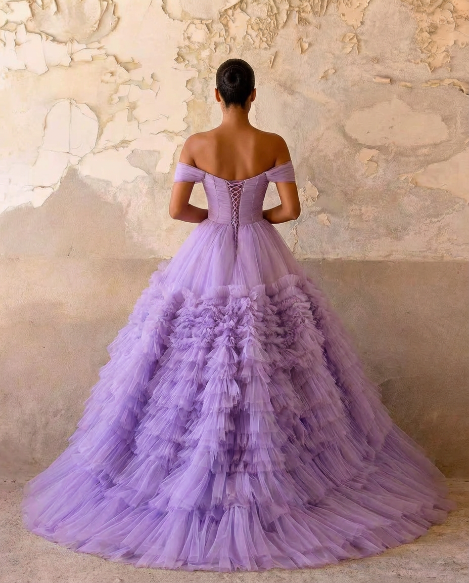 Elegant Woman Purple Ball Gown - Layered Tulle Ruffle Dress with Corset Back -  Purple Ball Gown with Layered Tulle Ruffle Skirt Plus Size