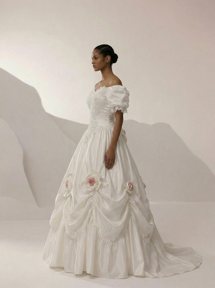 Princess Diana Wedding Dress - Antique White Modest Lace Wedding Dress With Floral Satin - Plus Size