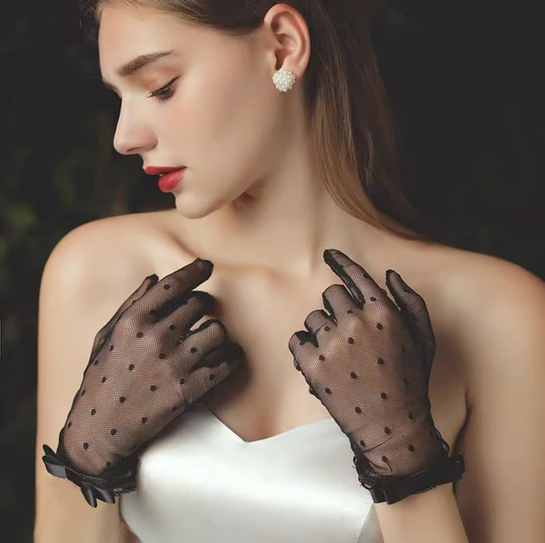 Gothic Black Polka Dot Mesh Gloves with Bow Accent