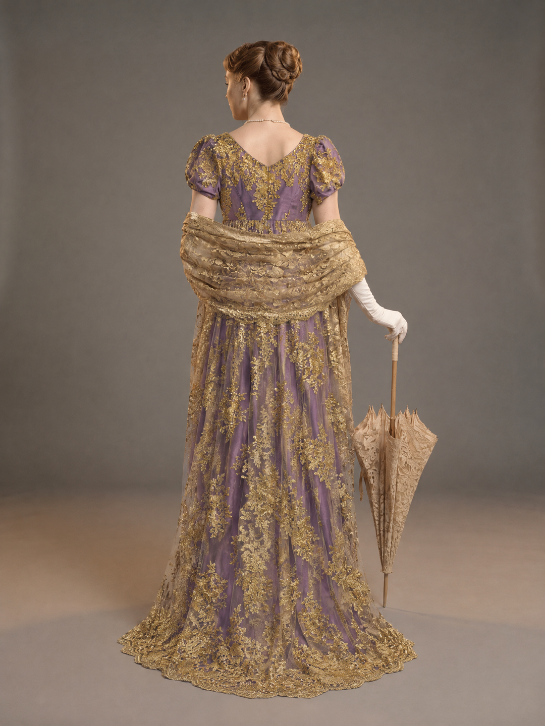 Bridgerton Daphne Inspired Regency Empire Waist Purple Embroidered Dress with Puff Sleeve Plus Size