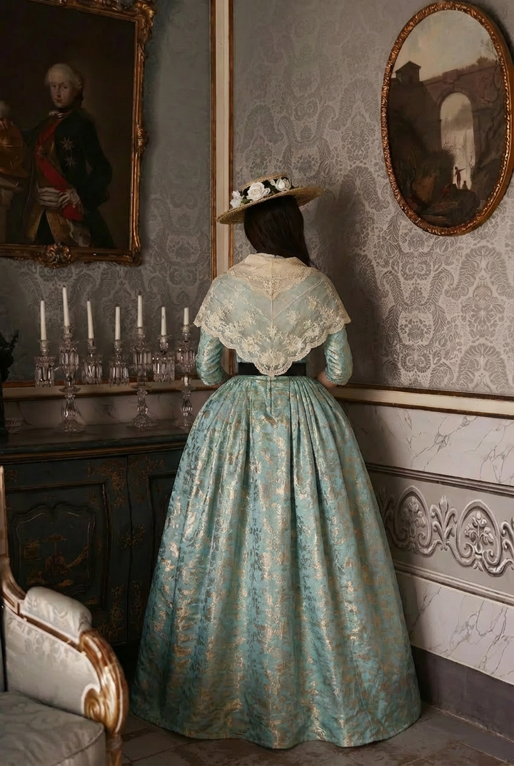 REGENCY ERA TEAL JACQUARD CORSET DRESS WITH LACE LONG SLEEVE - 1800S REGENCY BALL GOWN- PLUS SIZE