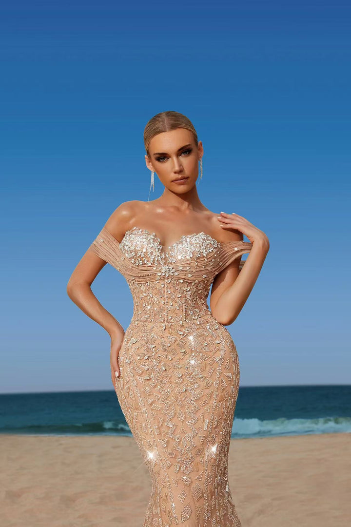 Champagne Sequin Off-Shoulder Evening Gown - Mermaid Silhouette Sparkly Maxi Dress - Designer Sequin Dress Plus Size