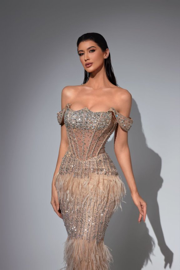 Pink Sequin and Feather Dress – Glitter Maxi Dress - Sequins Evening Gown Plus Size