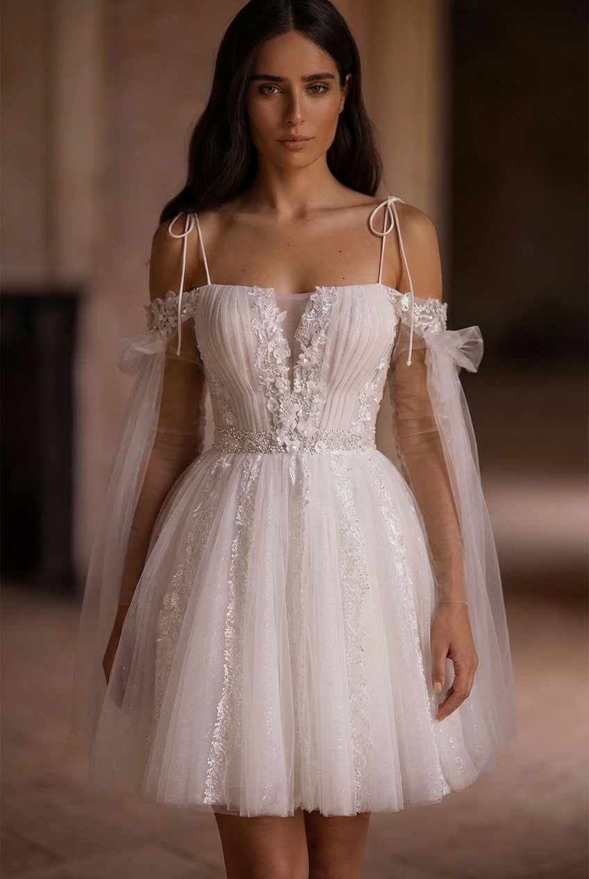 Enchanting Off-Shoulder Short Lace Wedding Dress with Sleeves - Floral WonderlandByLilian Enchanting Off-Shoulder Short Lace Wedding Dress with Sleeves - Floral WonderlandByLilian