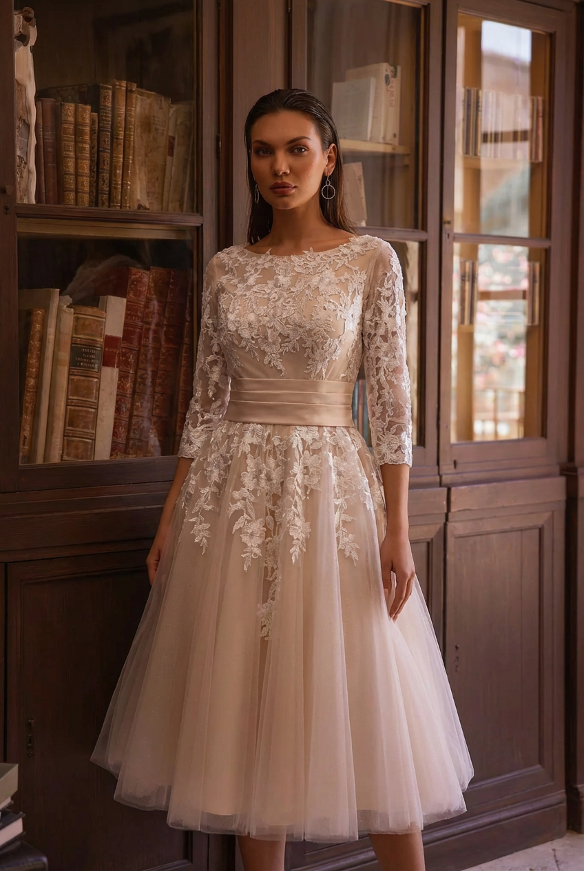 Retro 50s Modest Tea Length Short Lace Wedding Dress