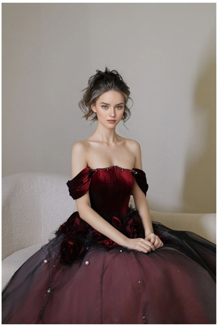 Gothic Black And Red Off Shoulder Ball Gown Wedding Dress With Rose Tulle Plus Size