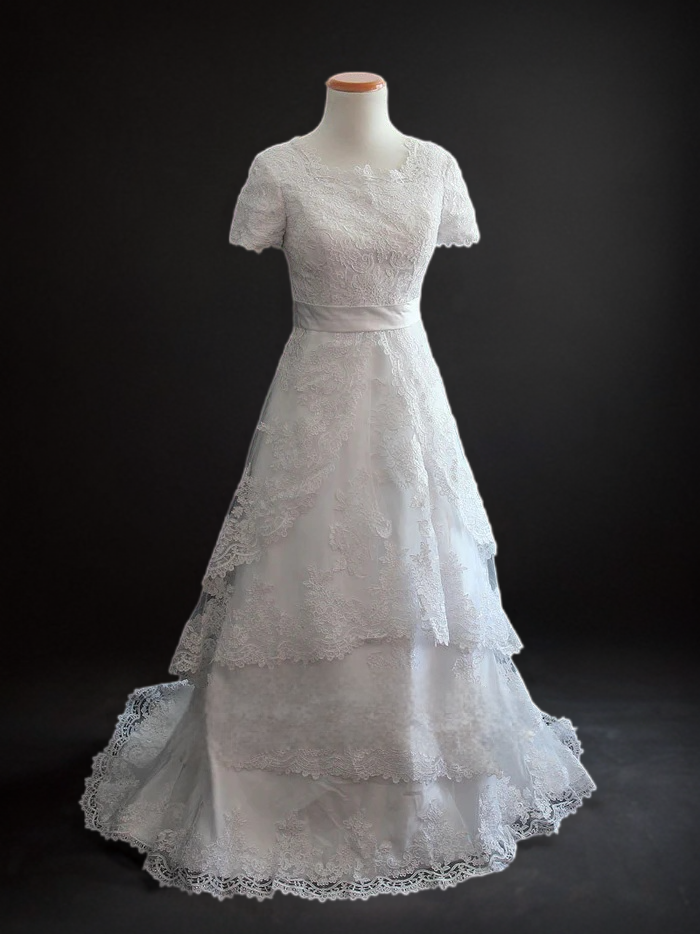Vintage Lace Ready-to-Wear Modest Lace Wedding Dress with Short Sleeves Plus Size
