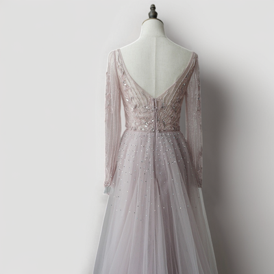 Light Pink Sequin Ball Gown with Long Sleeves - Ethereal Pink Tulle Evening Dress Plus Size