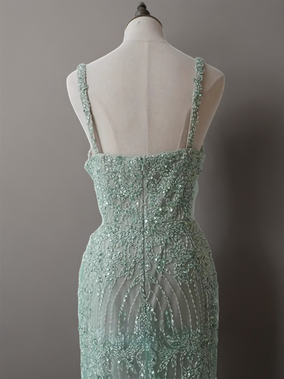 Mint Green Pretty Sequin and Beaded Spaghetti Strap Dress - Elegant Sequin Evening Gown Plus Size