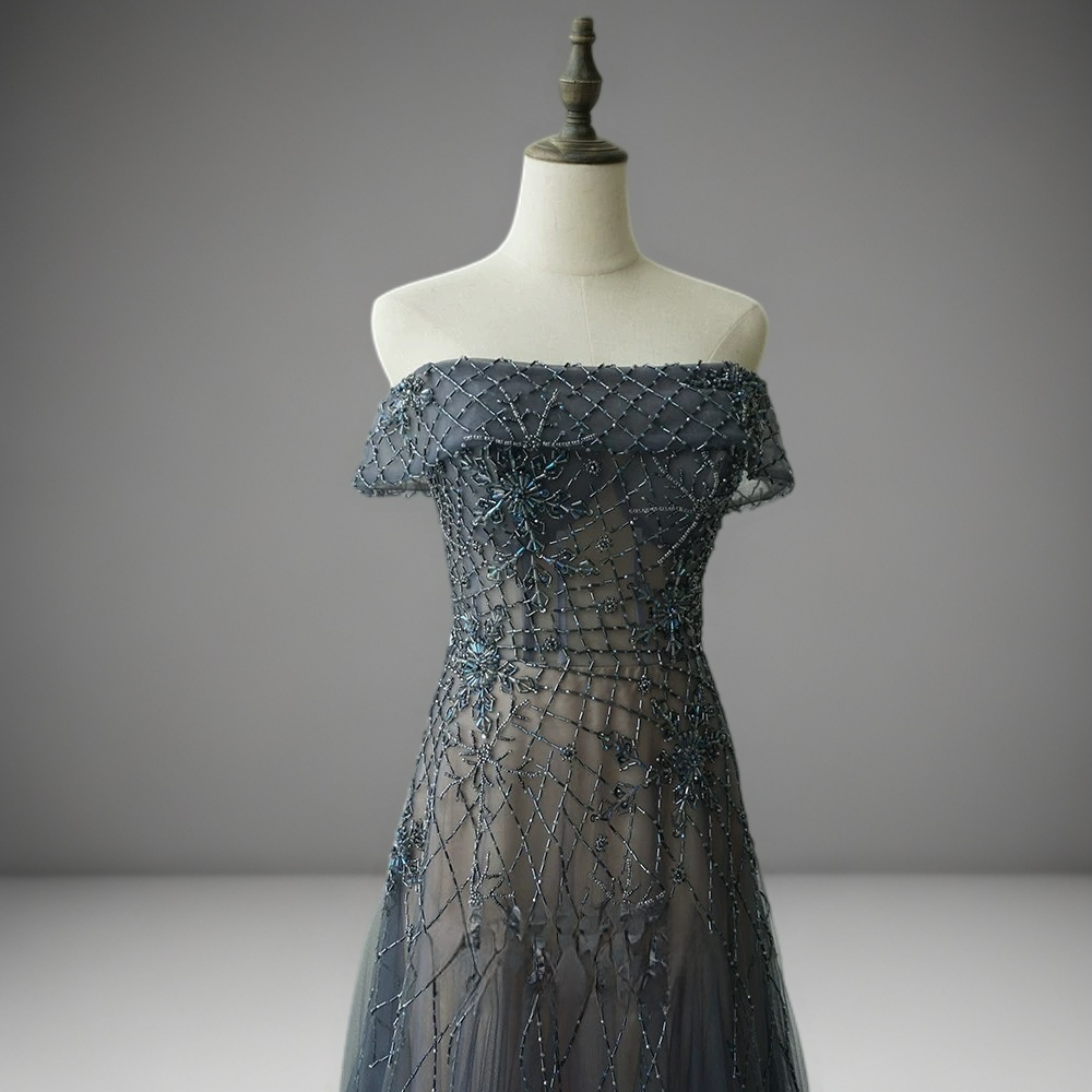 Gothic Charcoal Grey Off-Shoulder Tulle Evening Gown - Pretty Sequin D WonderlandByLilian Gothic Charcoal Grey Off-Shoulder Tulle Evening Gown - Pretty Sequin D WonderlandByLilian