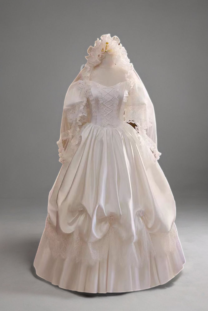 Antique Vintage Ivory White Satin Ball Gown Wedding Dress with Lace-Up Bodice and Floral Accents - Plus Size