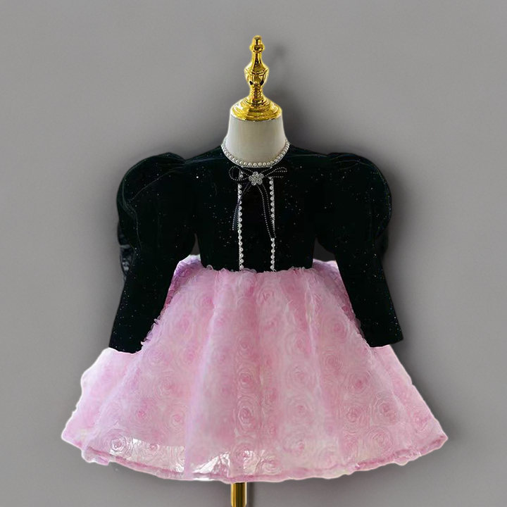 Black and Pink Long Sleeve Flower Girl Dress with Tulle Skirt – Plus Size