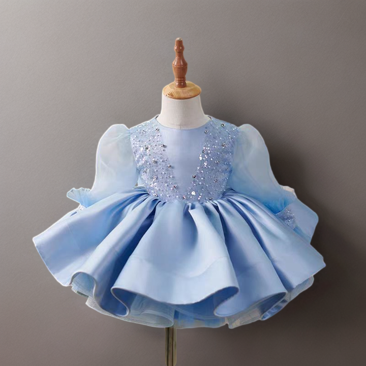 Blue Long Sleeve Tulle Flower Girl Dress with Sequin Bodice – Plus Size