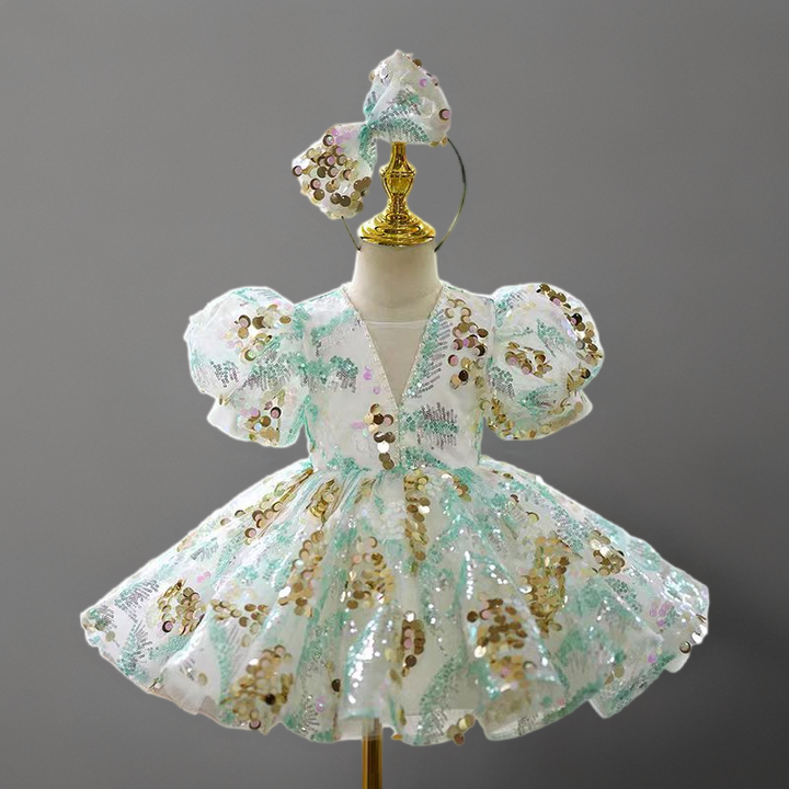 Sequin Tulle Flower Girl Dress with Puff Sleeves in White and Mint – Plus Size