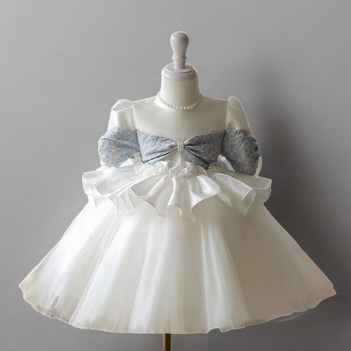 White Flower Girl Dress with Lace Bow and Puff Sleeves - Plus Size