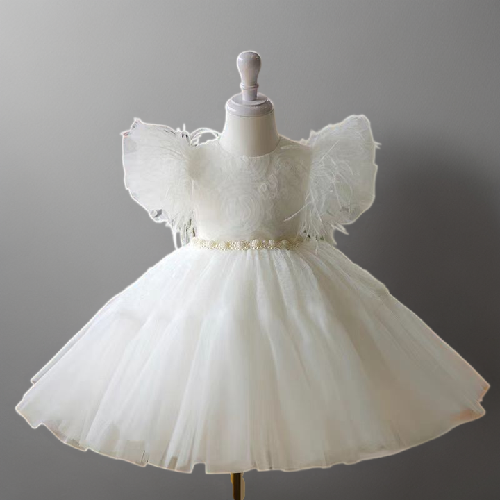 Fairy White Feathered Tulle Flower Girl Dress with Lace Details and Pearl Waistline - Plus Size