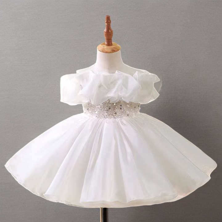 White Tulle Flower Girl Dress with Ruffled Off-Shoulder Design - Plus Size