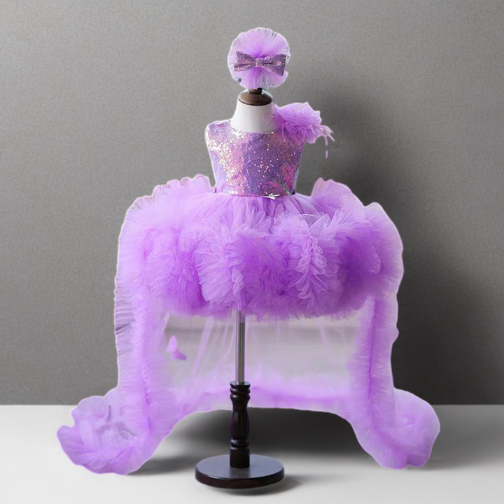 Purple Tulle Flower Girl Dress with Glittered Bodice and Floor-Length Train - Plus Size